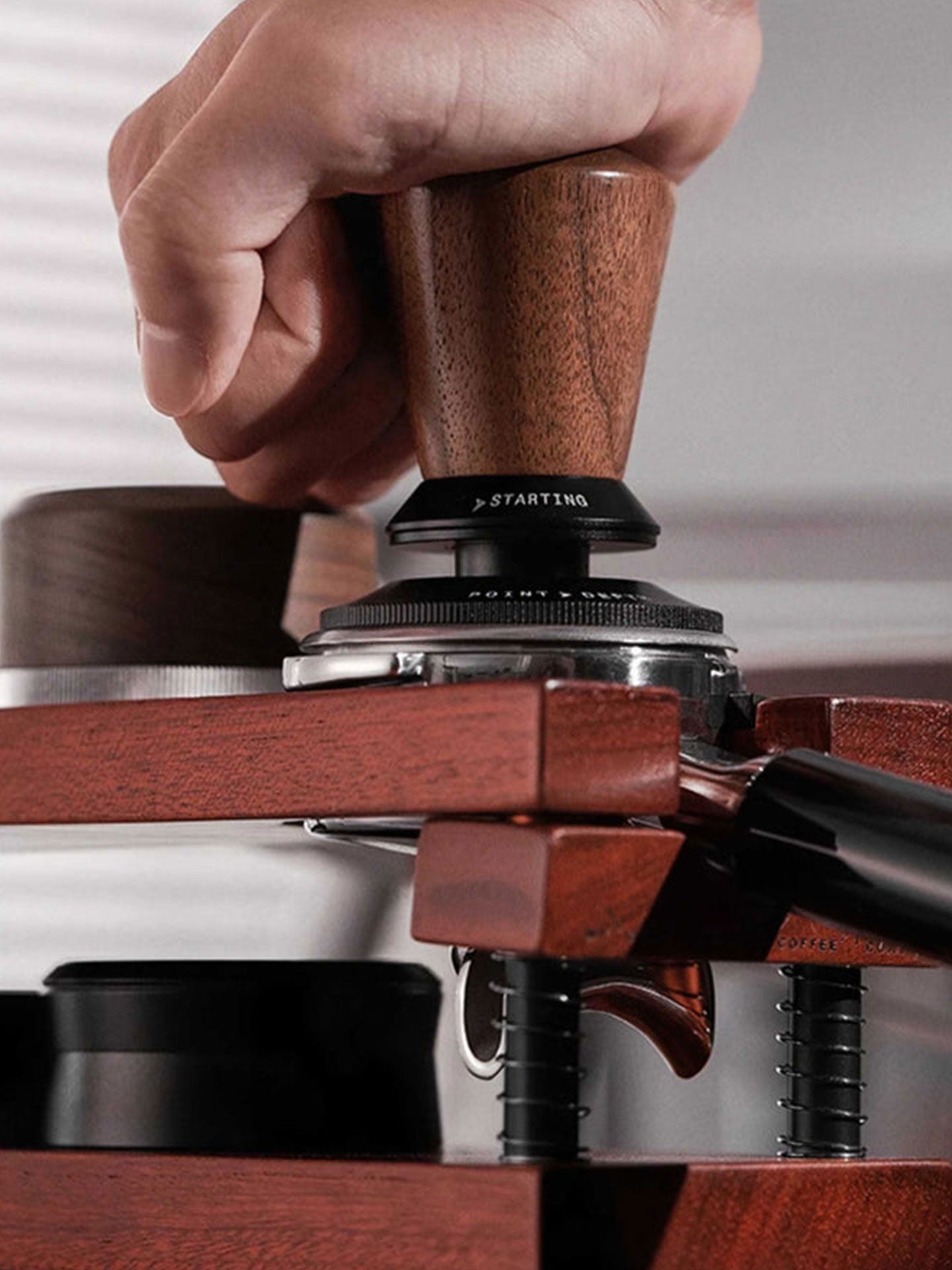 Natural Walnut Coffee Distributor, Tamper, and Portafilter Holder