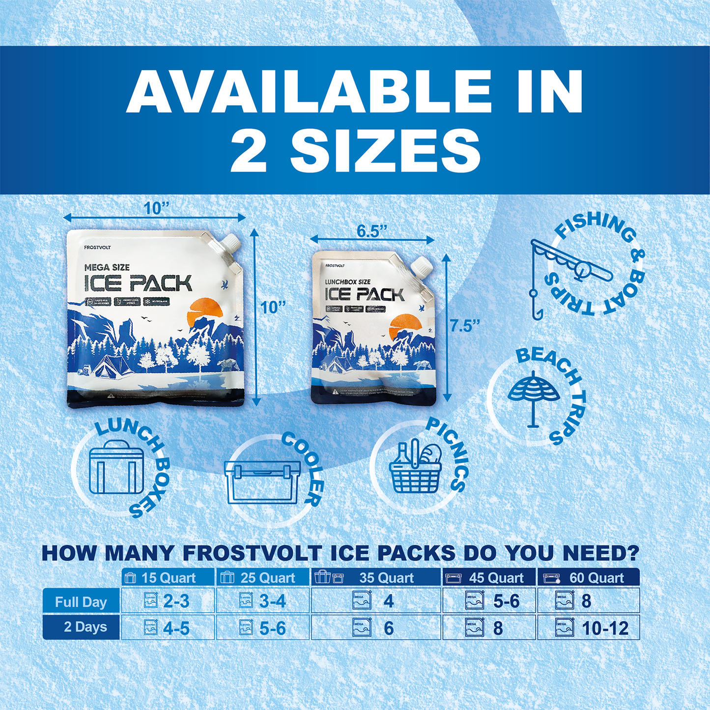 Frostvolt Reusable Ice Packs for Cooler and Lunch Boxes | Lasting Up to 8-48 Hours Freezer Packs